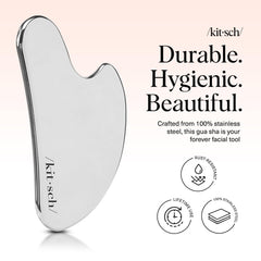 Kitsch stainless steel gua sha jawline tool showcases contoured results for defined profile.