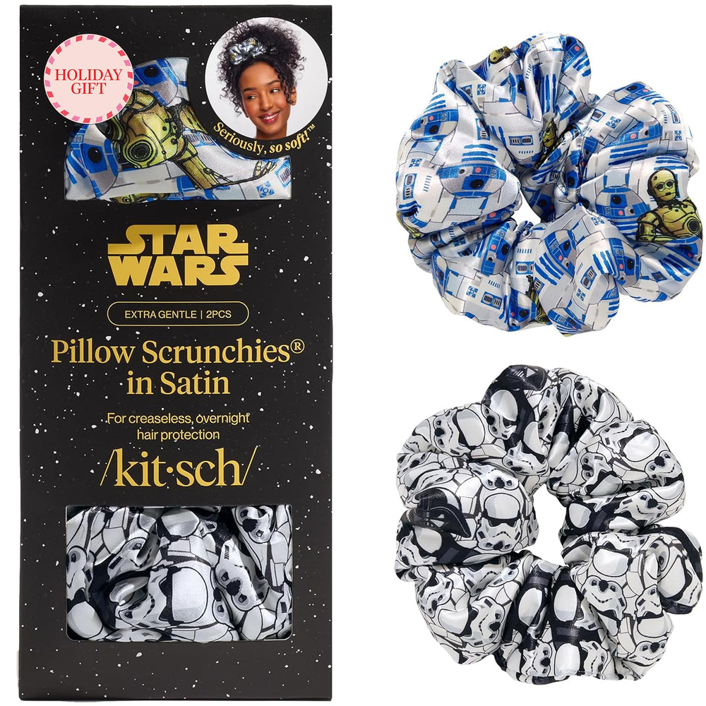 Kitsch Star Wars satin scrunchies featuring R2-D2 design reduce hair creasing and add playful style.