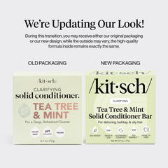 Kitsch tea tree mint conditioner bar in shower promotes refreshed scalp and lightweight hydration.