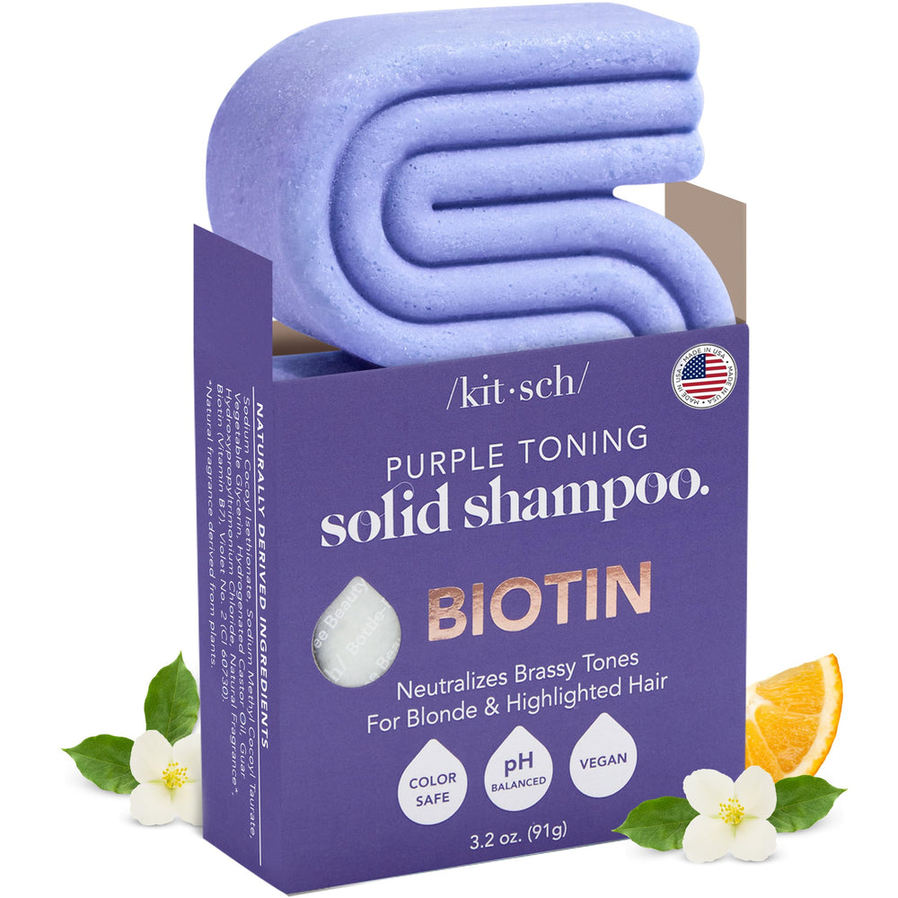 Kitsch toning purple shampoo bar closeup neutralizing brassy tones for cooler blonde hair.