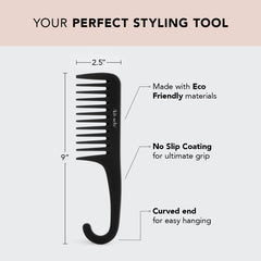 Kitsch wide-tooth detangler in hand gently loosens curls without disrupting texture.