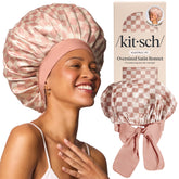 Kitsch XL Satin Bonnet closeup terracotta checker preserves moisture and reduces friction.
