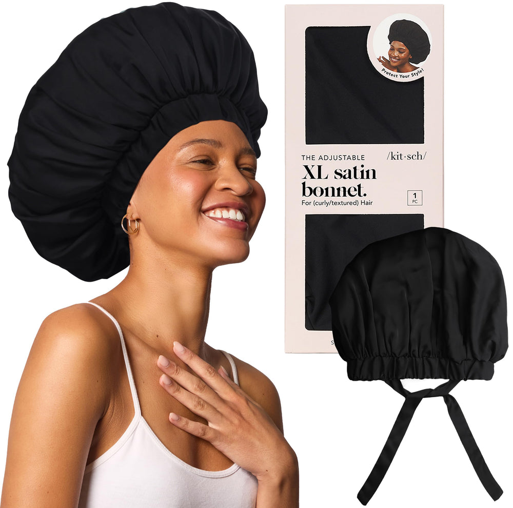 Kitsch XL satin bonnet with adjustable fit for overnight frizz control and smoothness.