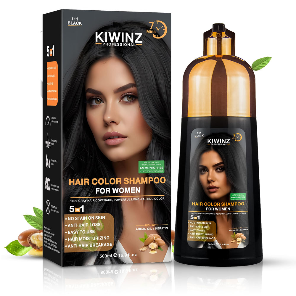 Kiwinz Professional Hair Color Shampoo bottle demonstrates 5-in-1 formula for convenience.