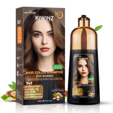 Kiwinz Professional hair color shampoo bottle showing 5-in-1 formula for grey coverage