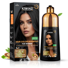 Kiwinz Professional Hair Color Shampoo bottle demonstrates 5-in-1 formula for convenience.