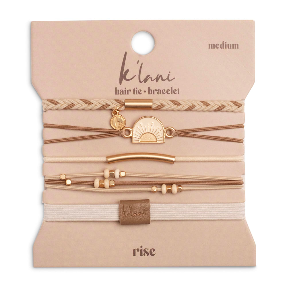 K'lani Rise five-color elastic bracelet set ready to wear.