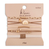 K'lani Rise five-color elastic bracelet set ready to wear.