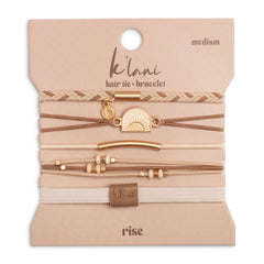 K'lani Rise five-color elastic bracelet set ready to wear.