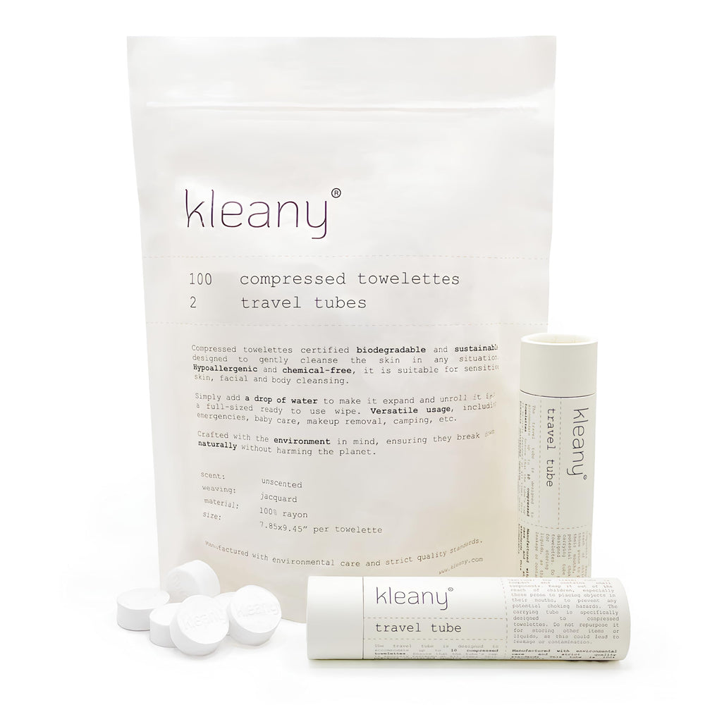 Kleany compressed towel tablet packaging shows compact travel hygiene solution.