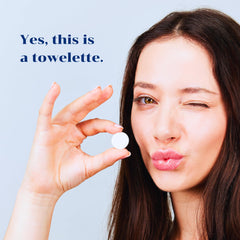 Kleany compressed towel tablet water-activation demonstrates expansion for cleansing.