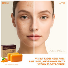KlearBloom Kojic Turmeric Soap bar closeup highlighting brightening formula.