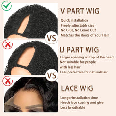 Kloiynj V Part Burmese Curly Wig closeup drawstring attachment shows secure fit.