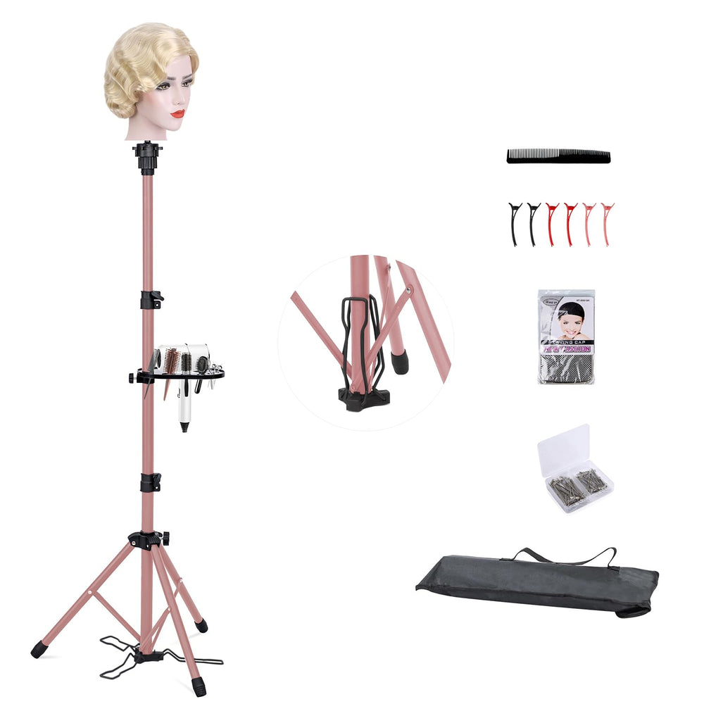 Klvied metal wig stand tripod with foot panel for stable styling sessions.