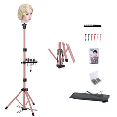 Klvied metal wig stand tripod with foot panel for stable styling sessions.