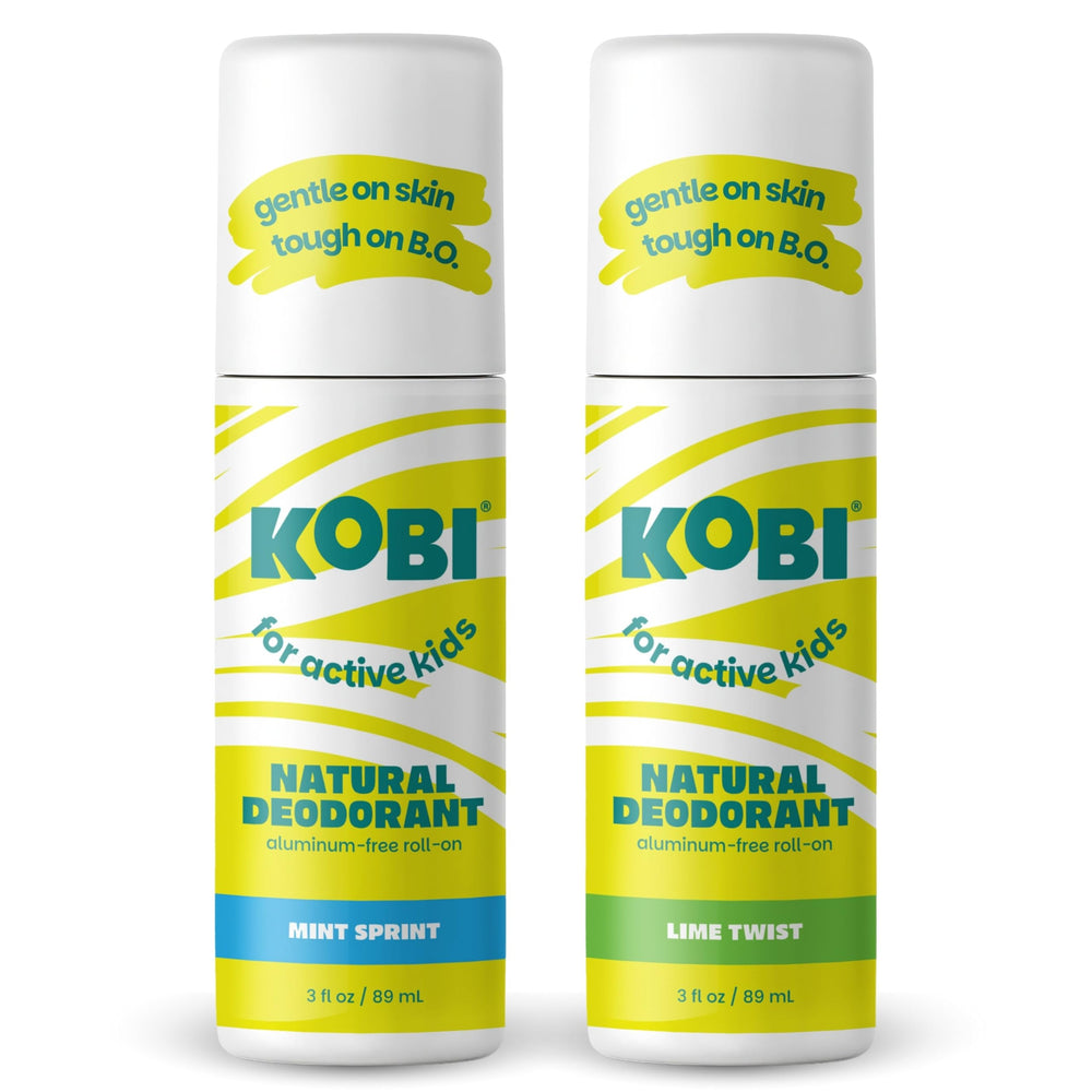 Kobi active kids 2-pack bottle front showing all-day odor protection