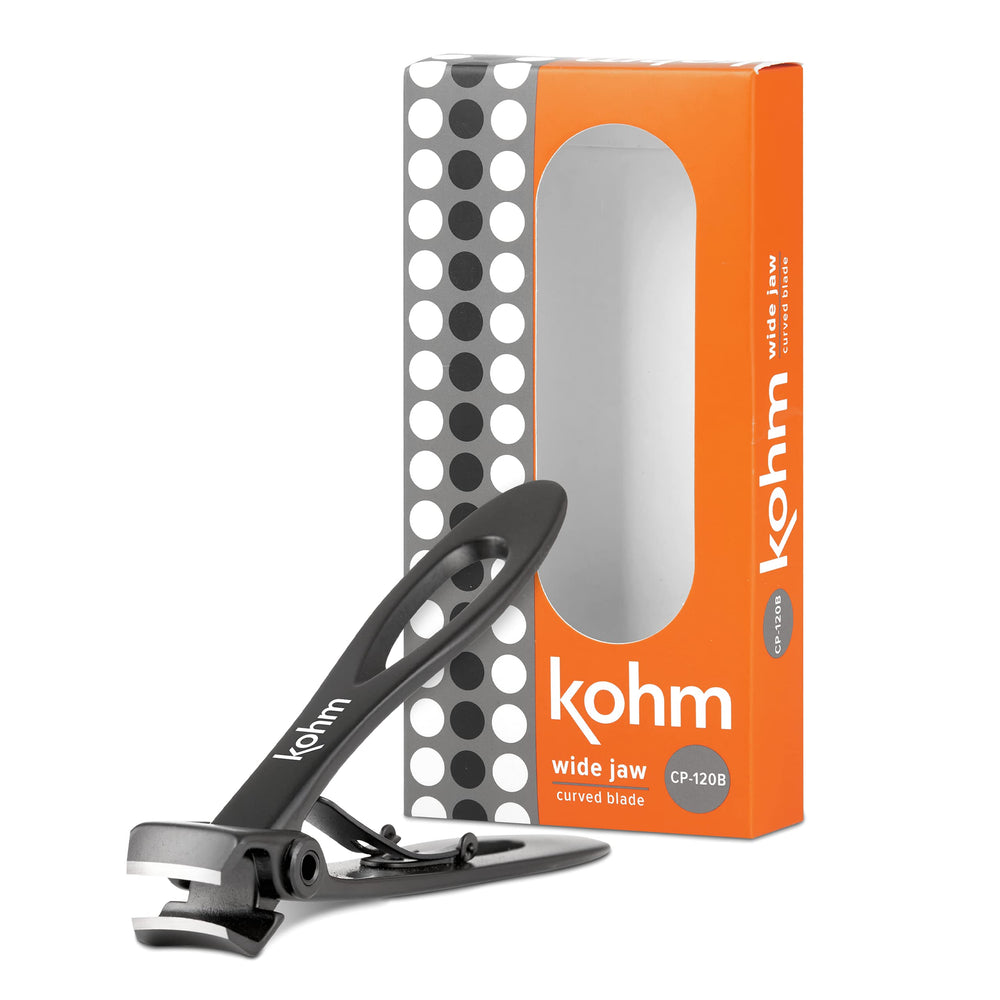 KOHM nail clippers wide-mouth close-up for thick nails; precise trims.