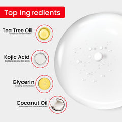 Kojie San ingredients window highlights coconut oil and tea tree for mild cleansing.
