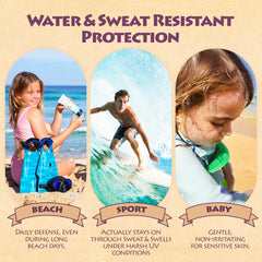 Kokua Sun Care on beach with water splash showing 80-minute water resistance