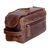KomalC premium buffalo leather Dopp bag close-up shows durable travel companion.