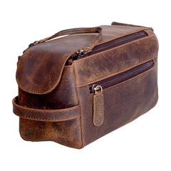 KomalC premium buffalo leather Dopp bag close-up shows durable travel companion.