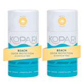 Kopari aluminum-free coconut deodorant Beach 2-pack pack shot for long-lasting freshness.