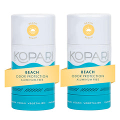 Kopari aluminum-free coconut deodorant Beach 2-pack pack shot for long-lasting freshness.
