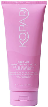 Kopari Hydrating Body Wash bottle showcases coconut water for daily hydration and a refreshing scent.