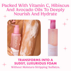 Ingredients highlight hibiscus and avocado oils in Kopari Sudsy Shower Oil nourish skin.
