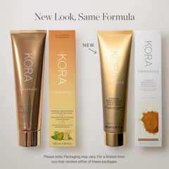 KORA Organics mask application on damp skin highlights gentle exfoliation during routine.