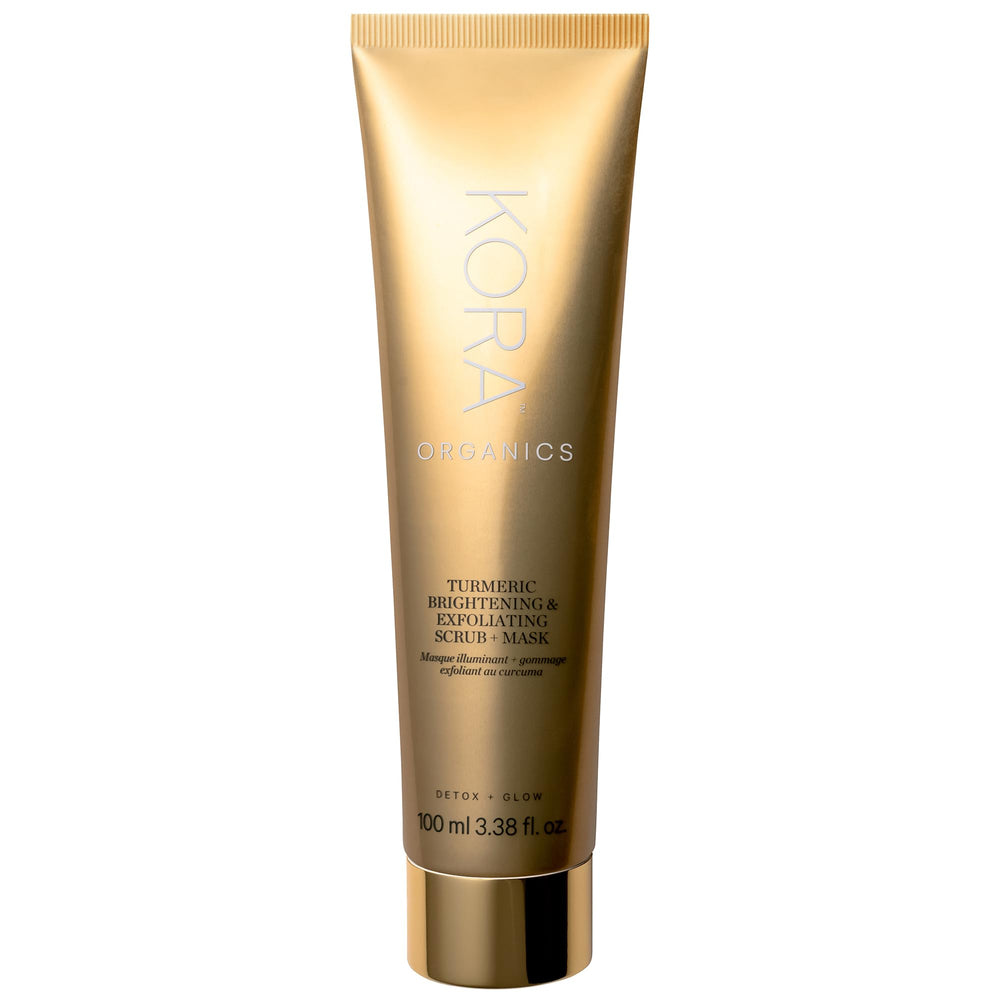 KORA Organics Turmeric Brightening & Exfoliating Mask jar closeup for radiant skin prep.
