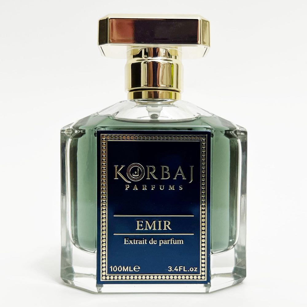 KORBAJ PARFUMS Emir blue bottle close-up for premium unisex fragrance display