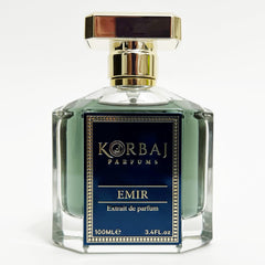 KORBAJ PARFUMS Emir blue bottle close-up for premium unisex fragrance display