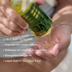 KORRES olive oil closeup highlights cold-pressed nutrients and antioxidants for nourished skin and hair.