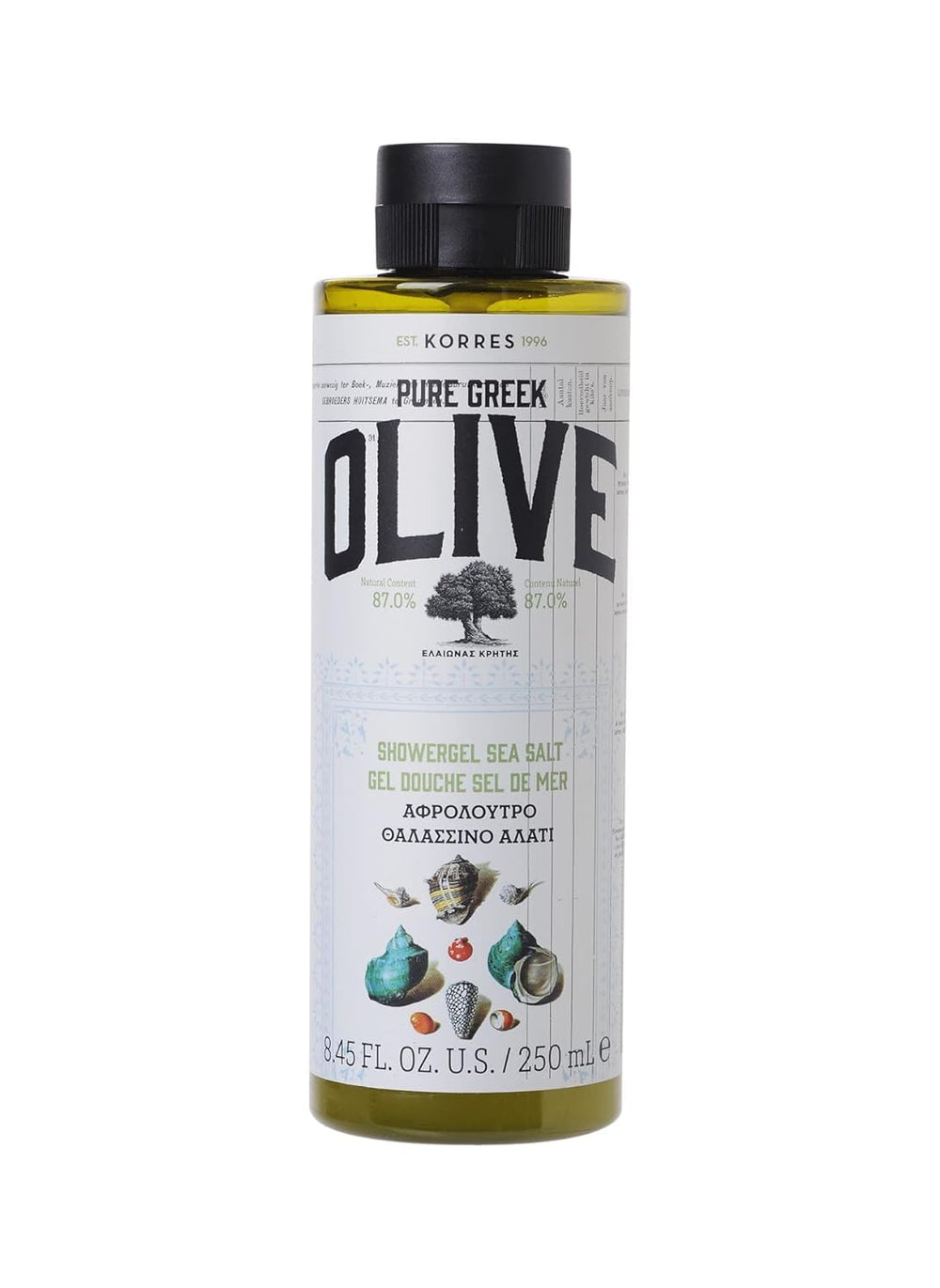 KORRES Olive Oil Shower Gel bottle highlights hydrating cleanse for dry skin.