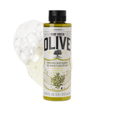 KORRES olive oil shower gel bottle for deep moisturization during daily cleanse.