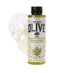 KORRES olive oil shower gel bottle for deep moisturization during daily cleanse.