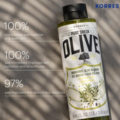 KORRES olive oil shower gel pour shot reveals rich lather and nourishment.