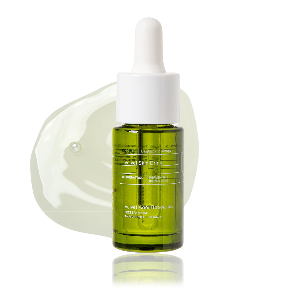 KORRES Santorini Grape Velvet Skin Drink bottle for hydrating glow.