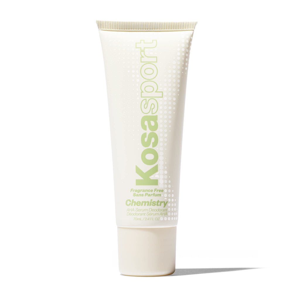 Kosas Chemistry Deodorant bottle close-up, fragrance-free and aluminum-free for sensitive skin.
