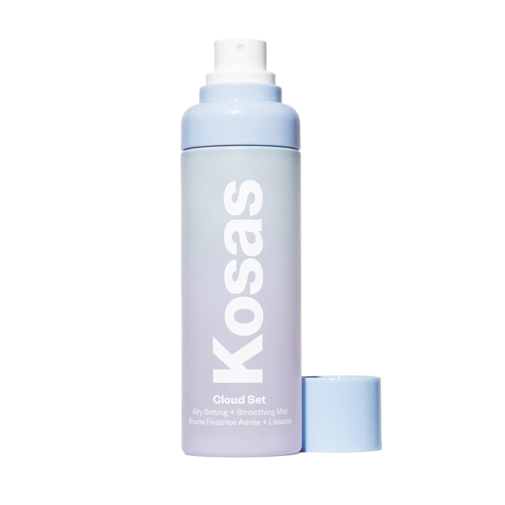 Kosas Cloud Set mist bottle closeup showing weightless hold for long-wear makeup