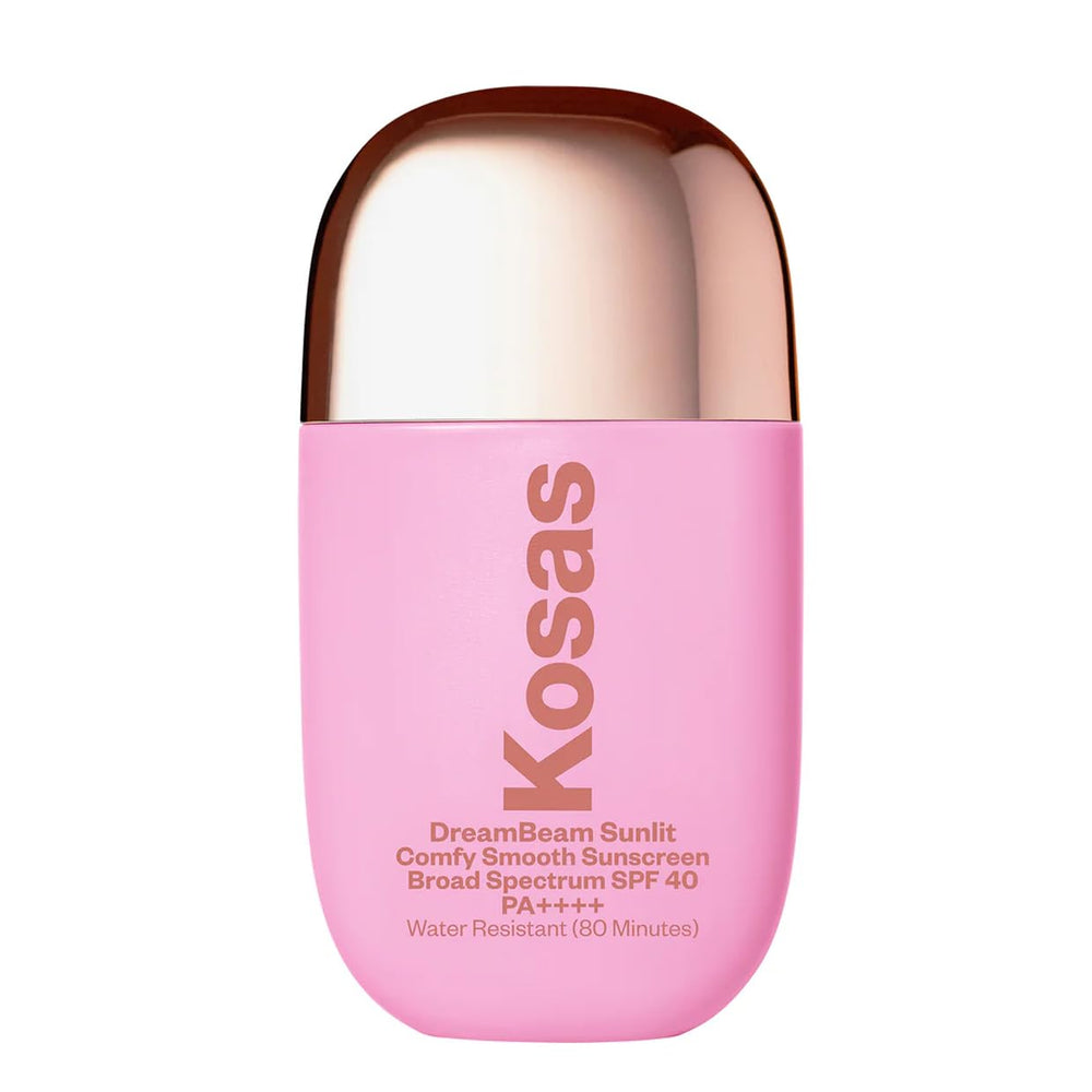 Kosas DreamBeam sunscreen application highlights SPF 40 for a smooth makeup base.