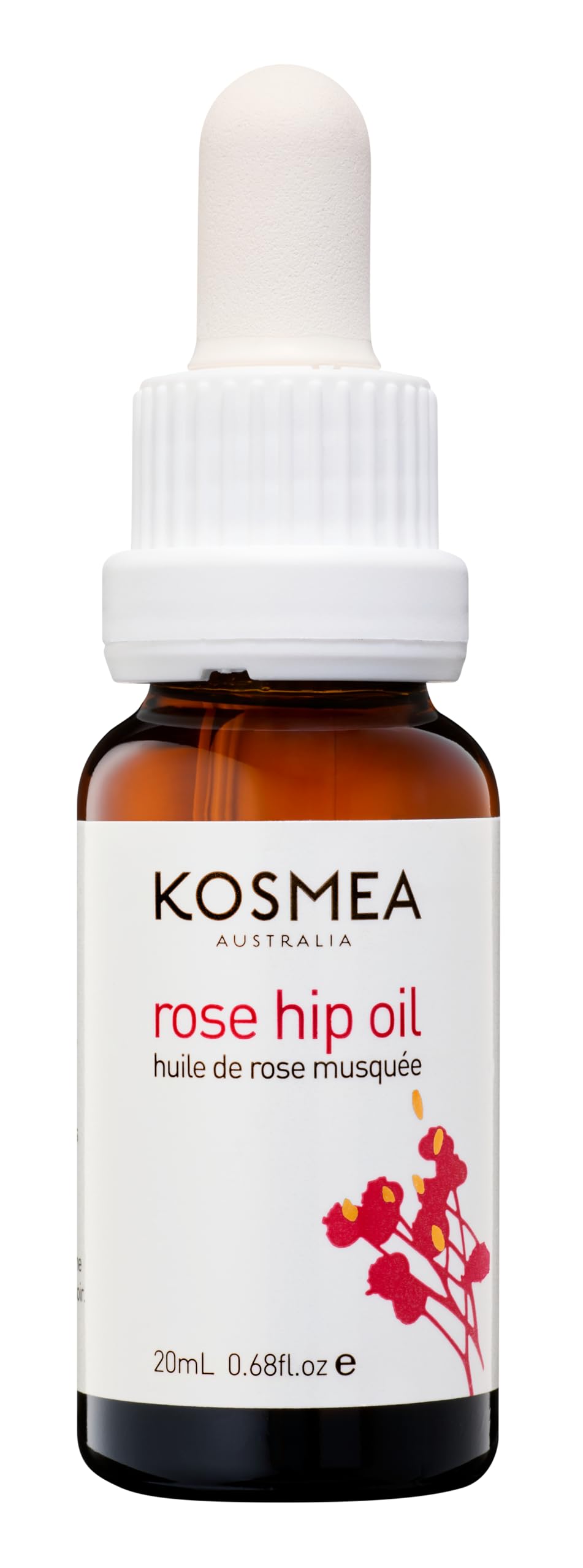 Kosmea Rosehip Oil bottle closeup highlights premium purity for skin nourishment.