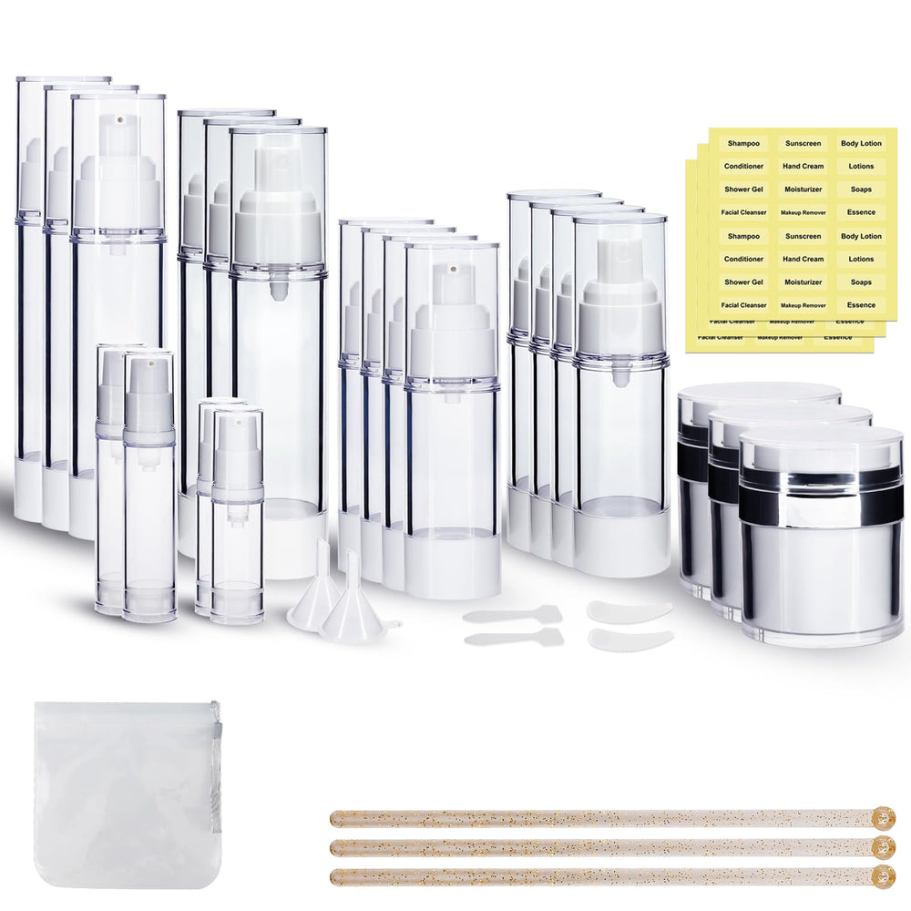 KOUWICH airless pump jar set 34-pack for organized skincare on the go with precise dispensing.