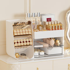 KQJS makeup organizer front view showing ample vanity storage for skincare and cosmetics.