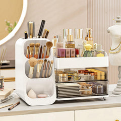 KQJS makeup organizer white full view highlights three drawers for easy cosmetics access.