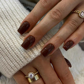 KQueenest brown fall press-on nails package showing varied sizes for easy daily wear.