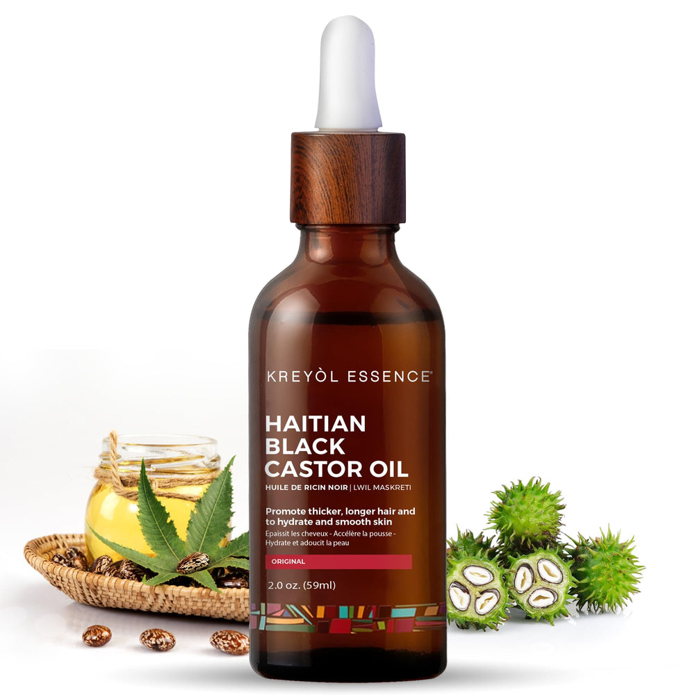 KREYÒL ESSENCE 2 Oz Haitian Black Castor Oil bottle front view, highlighting fuller brows and lash health.