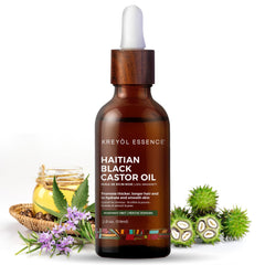Kreyol Essence Haitian Black Castor Oil bottle promotes scalp nourishment and shine.