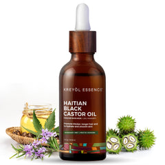 KREYÒL ESSENCE Haitian Black Castor Oil bottle close-up showing rich color for deep moisture.